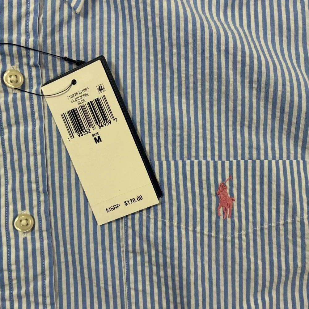 NEW Polo Ralph Lauren Seersucker Shirt Medium Blue Striped RL Untucked Fit